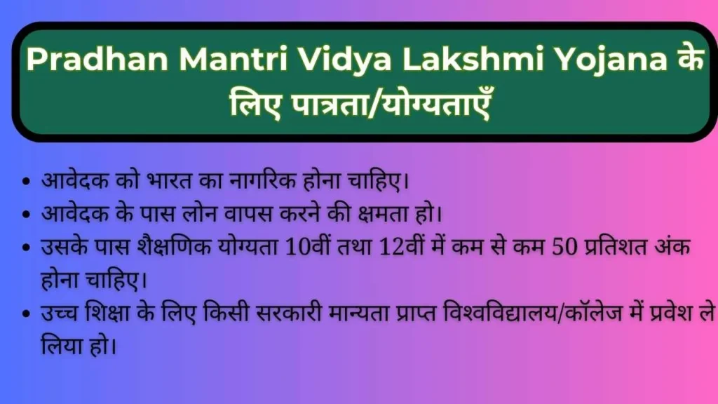 Pradhan Mantri Vidya Lakshmi Yojana के लिए पात्रता/योग्‍यताएँ